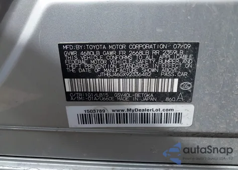 2009 Lexus Es 350 from USA, damaged, VIN JTHBJ46GX92336482